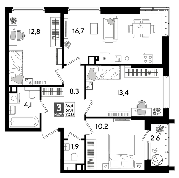 
  Продается 3-комн. квартира, 70 м², ЖК DOGMA PARK (Догма парк), литера 15
. Фото 1.