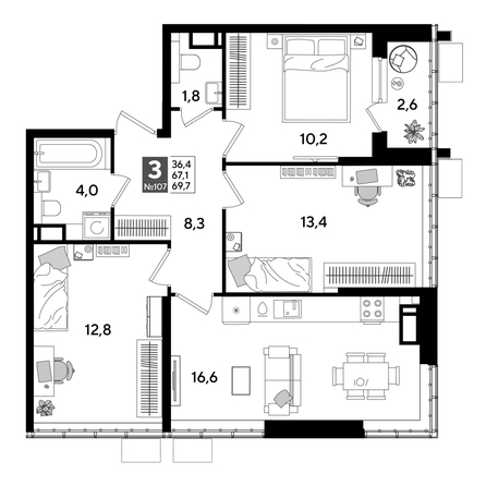 
  Продается 3-комн. квартира, 68.2 м², ЖК DOGMA PARK (Догма парк), литера 19
. Фото 1.