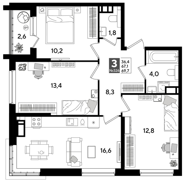 
  Продается 3-комн. квартира, 68.2 м², ЖК DOGMA PARK (Догма парк), литера 19
. Фото 1.