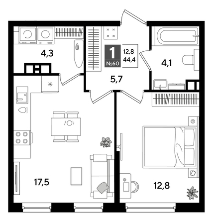 
  Продается 1-комн. квартира 44.1 м², в ЖК ДОГМА ПАРК, лит 20. Фото 1.