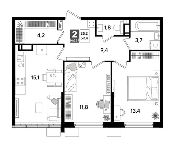 
  Продается 2-комн. квартира 59.4 м², в ЖК ДОГМА ПАРК, лит 20. Фото 1.