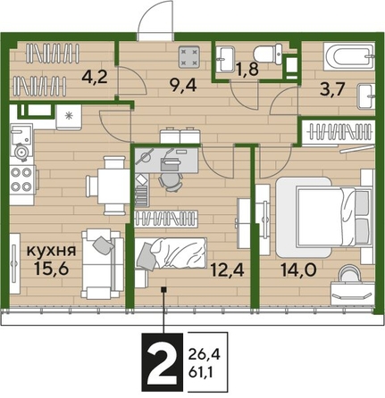 
  Продается 2-комн. квартира, 61.1 м², ЖК DOGMA PARK (Догма парк), литера 21
. Фото 1.