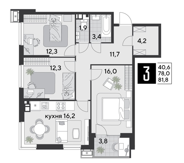 
  Продается 3-комн. квартира, 81.8 м², ЖК Парк Победы 2, литера 19
. Фото 1.