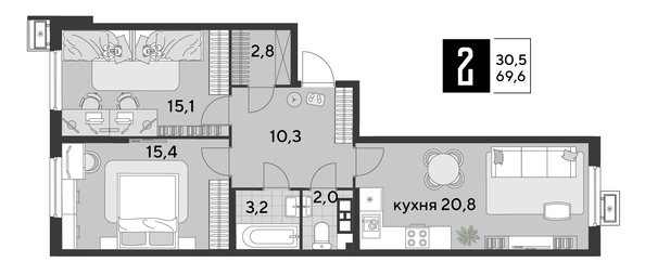 
  Продается 2-комн. квартира, 69.6 м², ЖК Парк Победы 2, литера 19
. Фото 1.