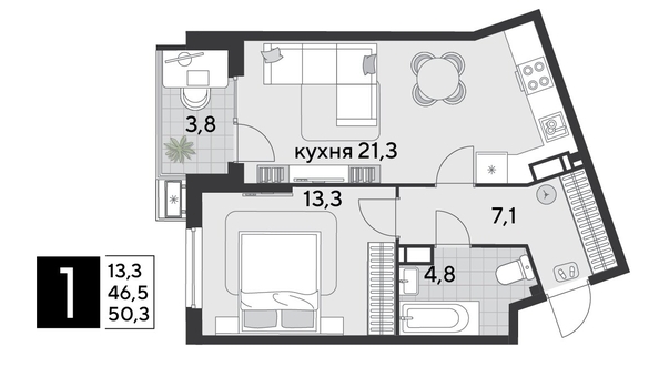 
  Продается 1-комн. квартира, 50.3 м², ЖК Парк Победы 2, литера 19
. Фото 1.