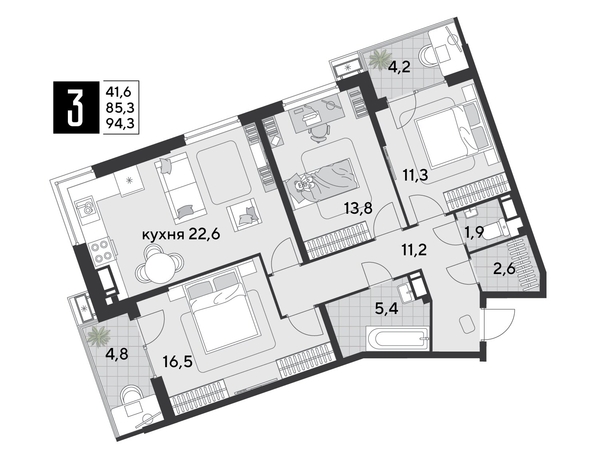 
  Продается 3-комн. квартира, 94.3 м², ЖК Парк Победы 2, литера 21
. Фото 1.