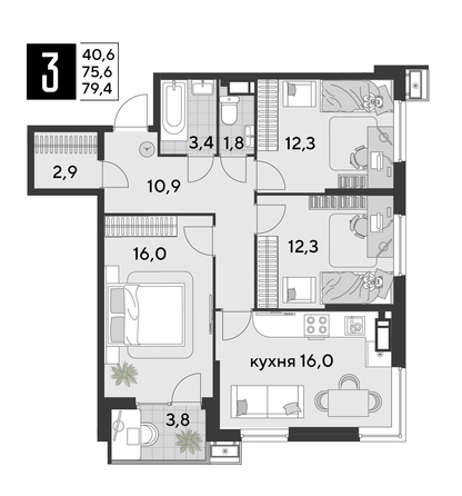 
  Продается 3-комн. квартира, 79.4 м², ЖК Парк Победы 2, литера 21
. Фото 1.
