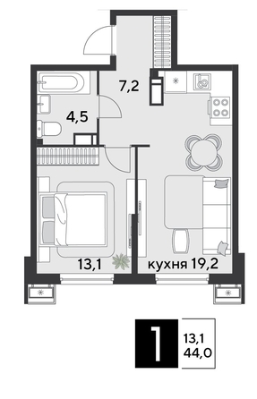
  Продается 1-комн. квартира, 44 м², ЖК Парк Победы 2, литера 21
. Фото 1.