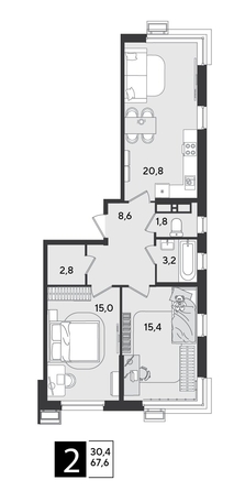 
  Продается 2-комн. квартира, 67.6 м², ЖК Парк Победы 2, литера 21
. Фото 1.