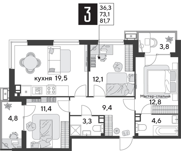 
  Продается 3-комн. квартира, 81.7 м², ЖК Парк Победы 2, литера 31
. Фото 1.