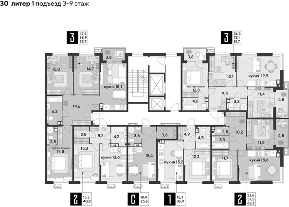 
  Продается 3-комн. квартира, 92.7 м², ЖК Парк Победы 2, литера 30
. Фото 2.