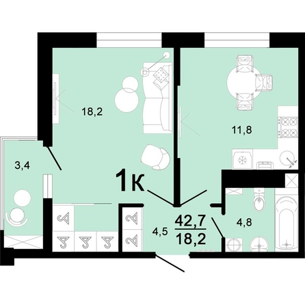 
  Продается 1-комн. квартира, 42.7 м², ЖК Горячий, литера 1
. Фото 1.