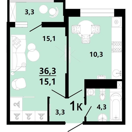 
  Продается 1-комн. квартира, 36.9 м², ЖК Горячий, литера 1
. Фото 2.