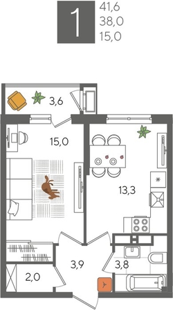 
  Продается 1-комн. квартира, 41.6 м², ЖК Рекорд 2, литера 2
. Фото 1.