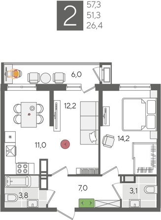 
  Продается 2-комн. квартира 57.3 м², в ЖК Рекорд 2, литера 1. Фото 1.