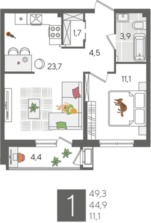 
  Продается 1-комн. квартира 48.7 м², в ЖК Рекорд 2, литера 2. Фото 1.