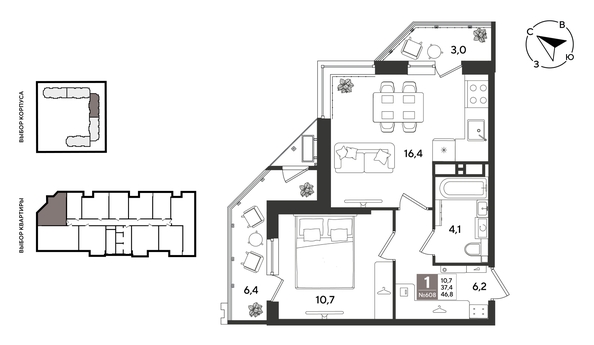
  Продается 1-комн. квартира 46.8 м², в ЖК Рекорд 2, литера 1. Фото 1.