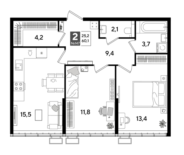 
  Продается 2-комн. квартира 59.3 м², в ЖК ДОГМА ПАРК, лит 20. Фото 1.