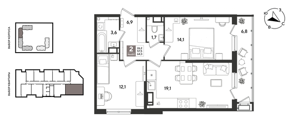 
  Продается 2-комн. квартира 64.3 м², в ЖК Рекорд 2, литера 5. Фото 1.