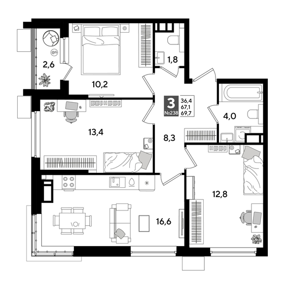 
  Продается 3-комн. квартира 68.3 м², в ЖК ДОГМА ПАРК, лит 20. Фото 1.