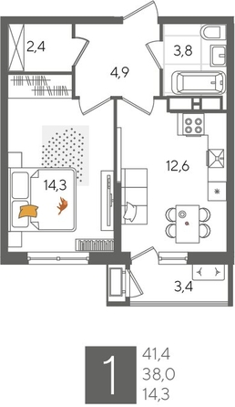
  Продается 1-комн. квартира 41.4 м², в ЖК Рекорд 2, литера 5. Фото 1.