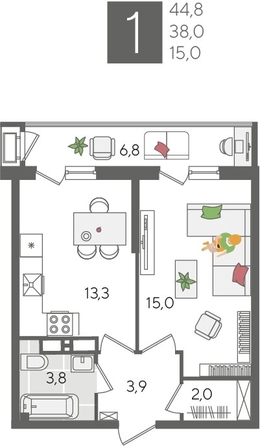 
  Продается 1-комн. квартира 44.8 м², в ЖК Рекорд 2, литера 2. Фото 1.