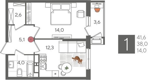 
  Продается 1-комн. квартира 41.6 м², в ЖК Рекорд 2, литера 5. Фото 1.