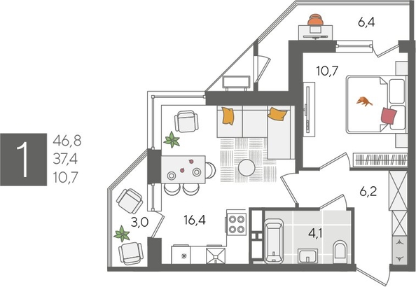 
  Продается 1-комн. квартира 46.8 м², в ЖК Рекорд 2, литера 5. Фото 1.