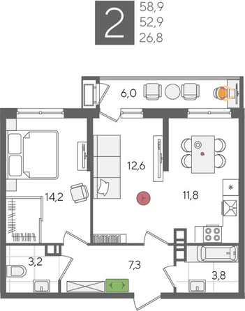 
  Продается 2-комн. квартира 58.9 м², в ЖК Рекорд 2, литера 5. Фото 1.