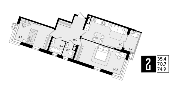 
  Продается 2-комн. квартира 74.9 м², в ЖК Парк Победы 2, литера 21. Фото 1.