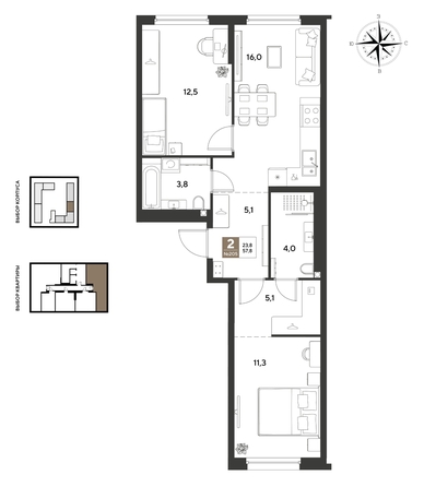 
  Продается 2-комн. квартира 57.8 м², в ЖК ГРЕЙД, литер 13. Фото 1.