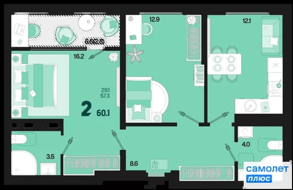 
  Продается 2-комн. квартира 60.1 м², в ЖК Первое место, квартал 1.1, литер 1. Фото 15.