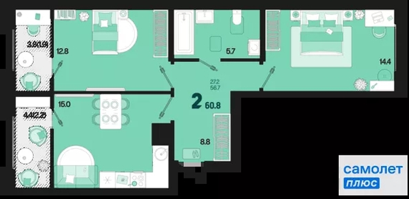 
  Продается 2-комн. квартира 60.8 м², в ЖК Первое место, квартал 1.1, литер 1. Фото 15.
