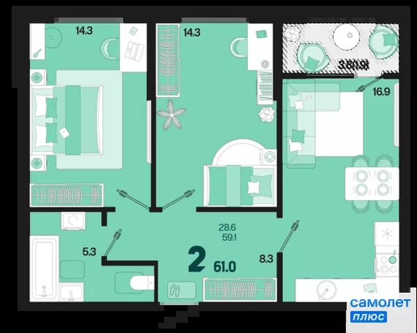 
  Продается 2-комн. квартира 61.01 м², в ЖК Первое место, квартал 1.1, литер 1. Фото 15.