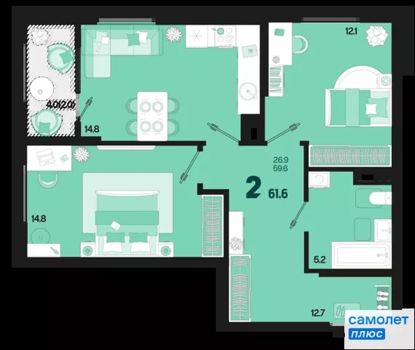 
  Продается 2-комн. квартира 61.6 м², в ЖК Первое место, квартал 1.1, литер 1. Фото 15.