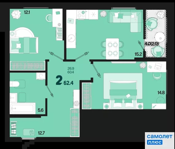 
  Продается 2-комн. квартира 62.4 м², в ЖК Первое место, квартал 1.1, литер 1. Фото 15.