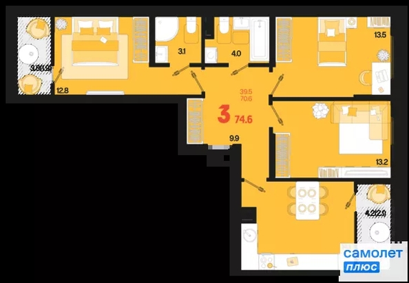 
  Продается 3-комн. квартира 74.6 м², в ЖК Первое место, квартал 1.1, литер 1. Фото 15.
