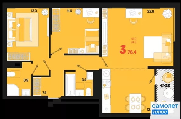 
  Продается 3-комн. квартира 76.4 м², в ЖК Первое место, квартал 1.1, литер 1. Фото 15.