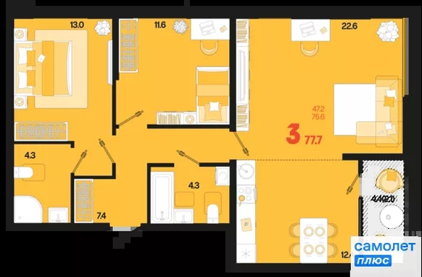 
  Продается 3-комн. квартира 77.7 м², в ЖК Первое место, квартал 1.1, литер 1. Фото 15.