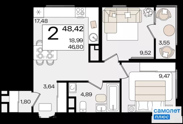 
  Продается 2-комн. квартира 48.42 м², в ЖК Патрики, литер 1.1. Фото 16.