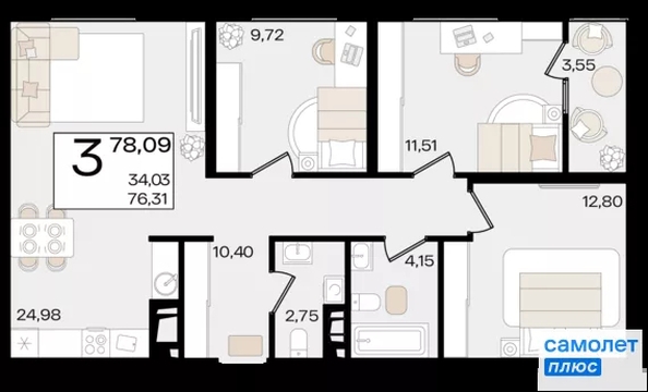 
  Продается 3-комн. квартира 78.09 м², в ЖК Патрики, литер 1.1. Фото 16.