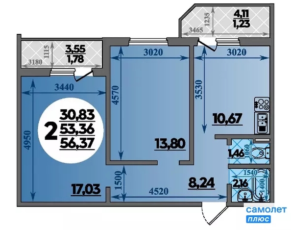 
  Продается 2-комн. квартира 56.37 м². Фото 8.