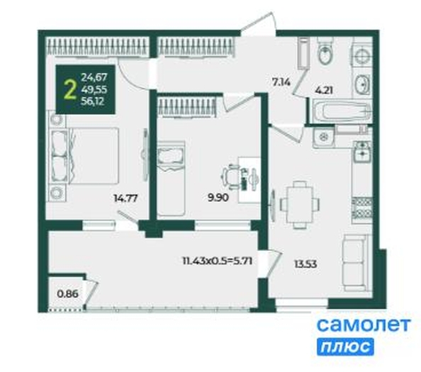 
  Продается 2-комн. квартира 56.12 м², в МКР Образцово, дом 5. Фото 2.