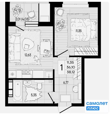 
  Продается 1-комн. квартира 38.1 м², в ЖК Форма, литер 1. Фото 7.