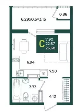 
  Продается студия 26.68 м², в МКР Образцово, дом 5. Фото 1.