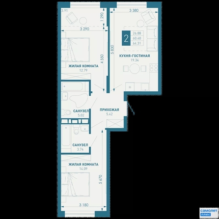 
  Продается 2-комн. квартира 64.3 м², в ЖК ИНАЧЕ в Молодежном, литер 1. Фото 15.