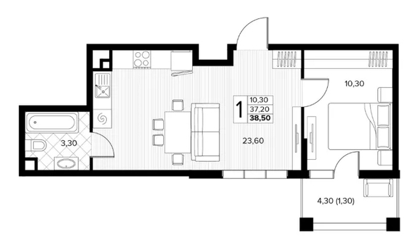 
  Продается 1-комн. квартира 38.5 м², в ЖК Кипарис, литер 6. Фото 1.