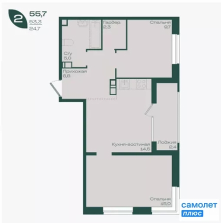 
  Продается 2-комн. квартира 55.7 м², в ЖК Ботаника, литер 1.1. Фото 14.