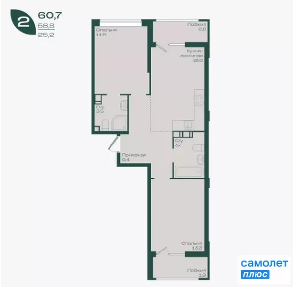 
  Продается 2-комн. квартира 60.7 м², в ЖК Ботаника, литер 1.1. Фото 14.