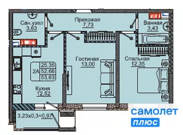 
  Продается 2-комн. квартира 53.6 м², в ЖК Парковый, литер 1. Фото 7.
